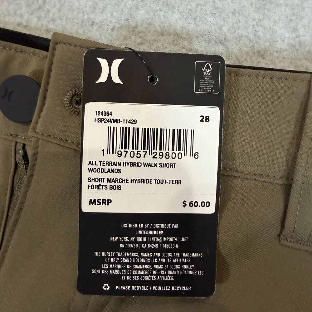 Hurley All Terrain Hybrid Walk Short Mens 28 Olive 4-Way Stretch Water Repel 10" - Picture 7 of 16